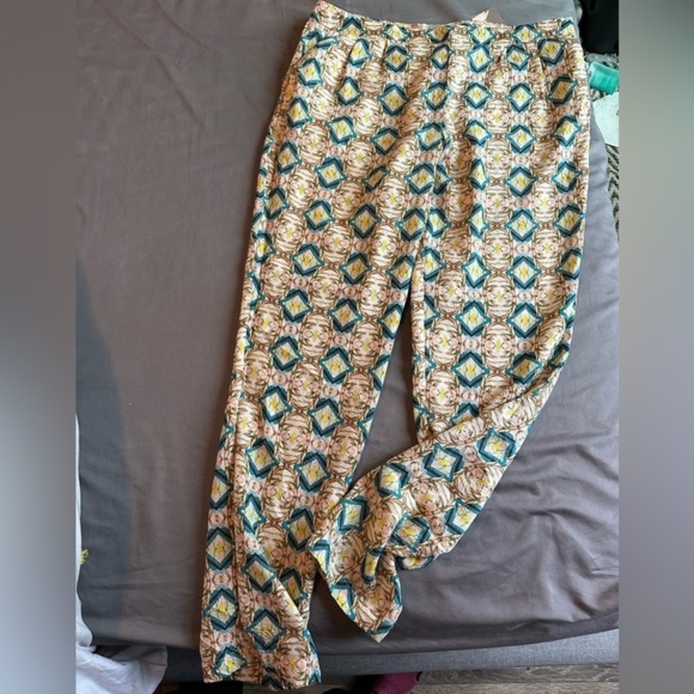Vibrant Blue Yellow and Pink Slim Leg Pants with Geometric Flair